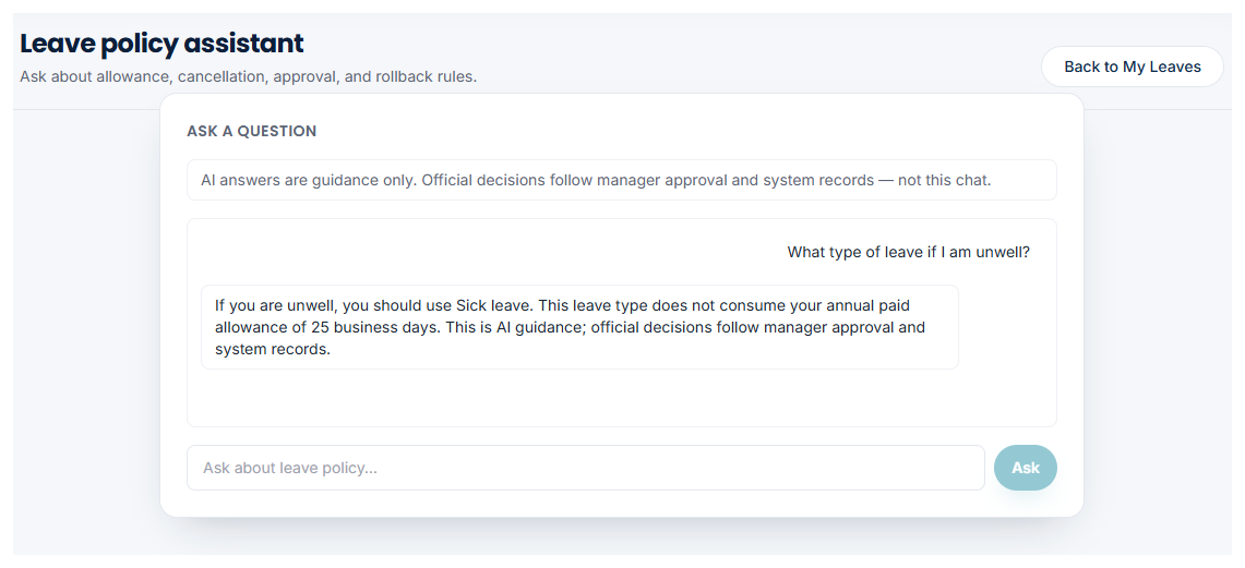 Read-only leave policy Q&A assistant in an HRMS answering questions about allowance and approval rules