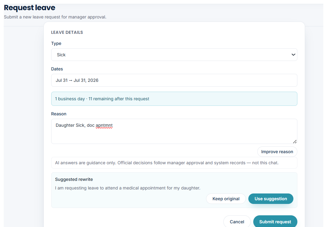 HRMS leave request form with AI writing assistance showing a suggested rewrite the employee must confirm before submit