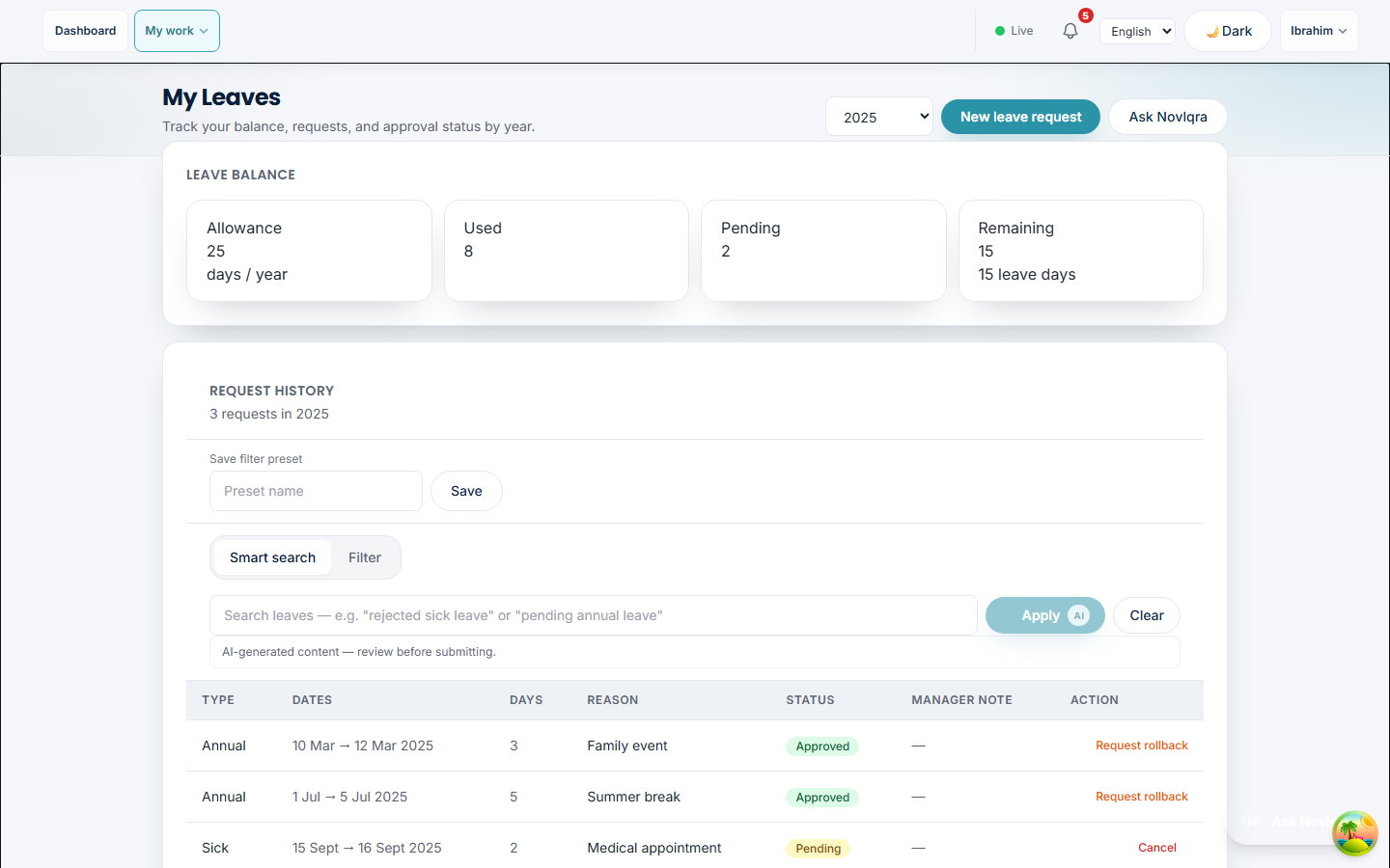 Employee leave management screen in HRMS — balance summary, request history, and year selector for Indian SME workforce