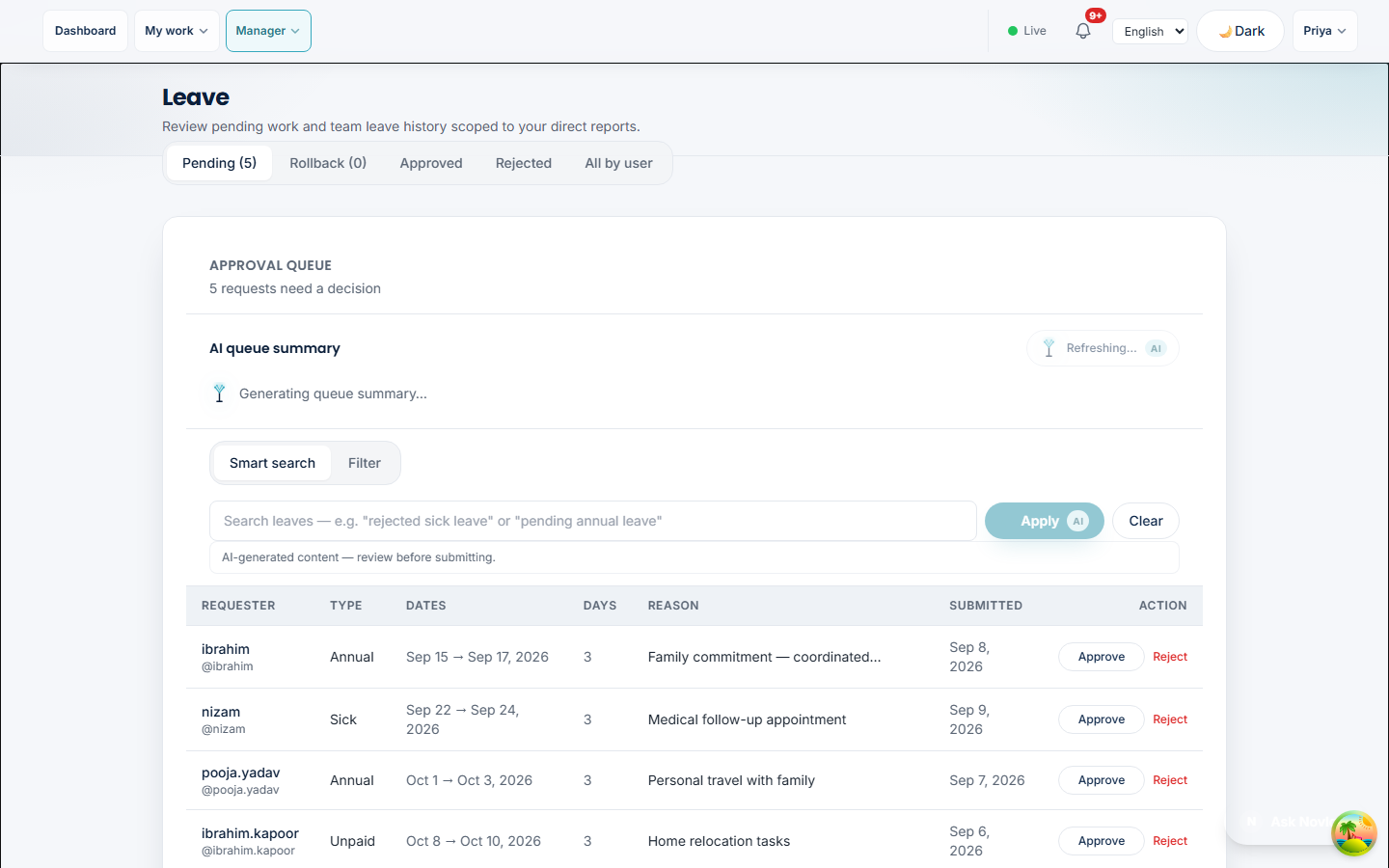 Manager leave approval queue in HRMS software — pending team requests with approve and reject actions