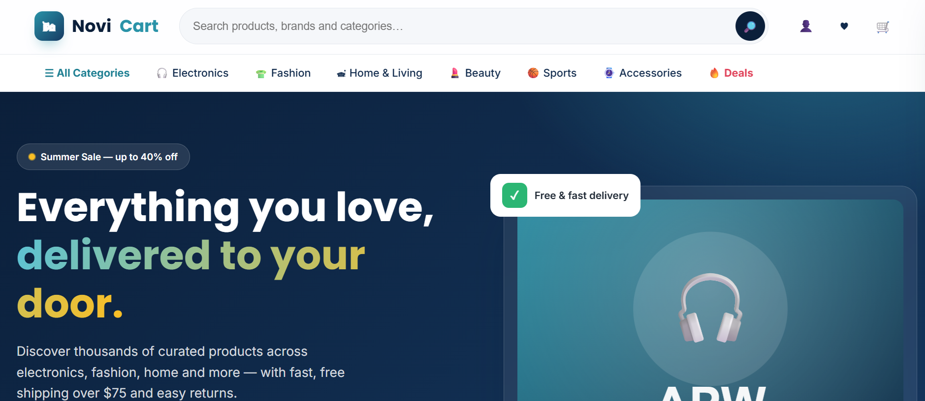 NoviCart — storefront home with featured products