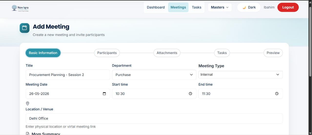 NoviMeet add meeting wizard — basic information step with rich-text MOM editor and meeting schedule fields
