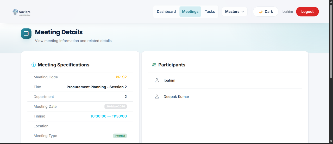 NoviMeet meeting details — specifications, participants, and related information in one view